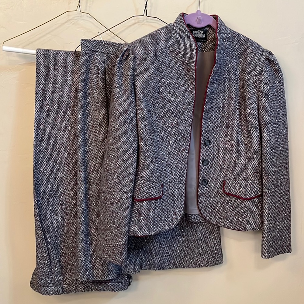 3-piece wool-blend grey tweed jacket, skirt and pants set
